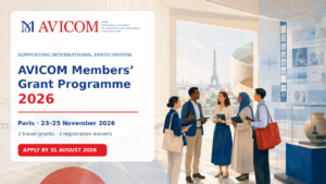 Illustration promoting the AVICOM Members’ Grant Programme 2026. An international group of museum professionals meets in a museum in Paris, with the Eiffel Tower and audiovisual heritage elements in the background. Applications close on 31 August 2026.