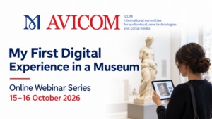 woman with tablet and ancient statue